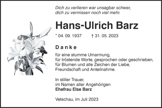 Traueranzeige von Hans-Ulrich Barz von Lausitzer Rundschau