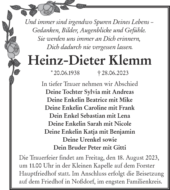 Traueranzeige von Heinz-Dieter Klemm von Lausitzer Rundschau