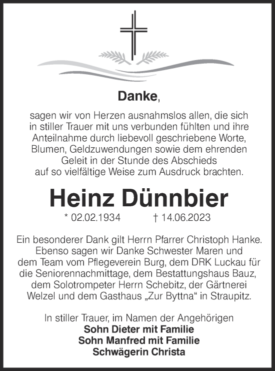 Traueranzeige von Heinz Dünnbier von Lausitzer Rundschau