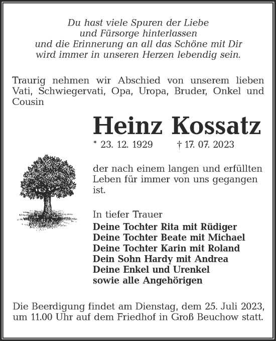 Traueranzeige von Heinz Kossatz von Lausitzer Rundschau