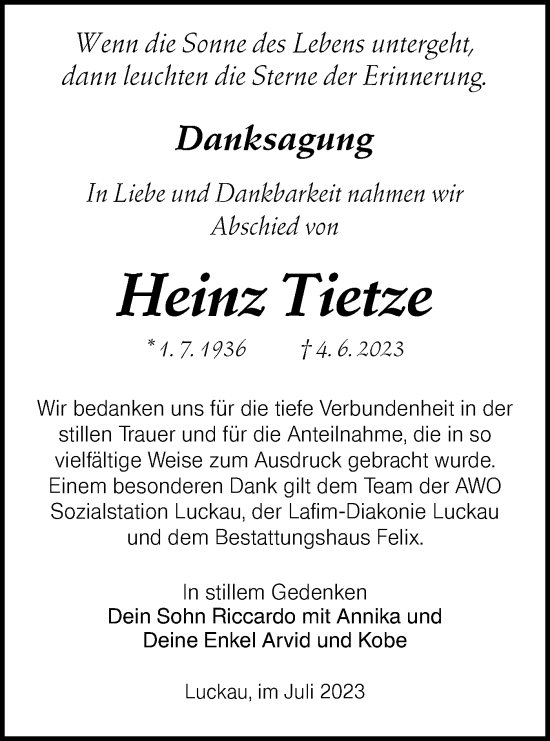 Traueranzeige von Heinz Tietze von Lausitzer Rundschau