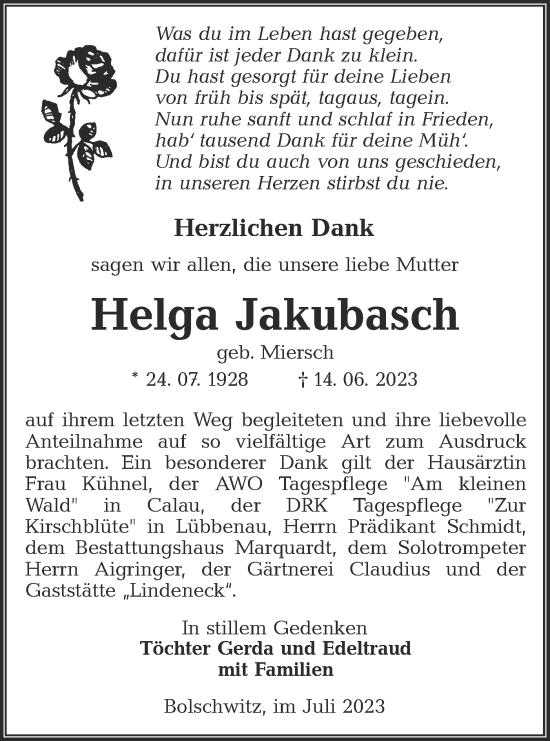 Traueranzeige von Helga Jakubasch von Lausitzer Rundschau