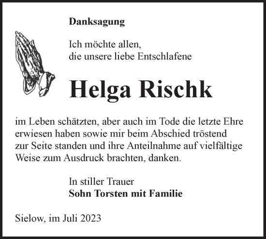 Traueranzeige von Helga Rischk von Lausitzer Rundschau