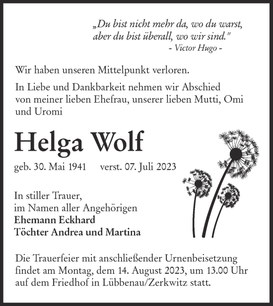 Traueranzeige von Helga Wolf von Lausitzer Rundschau