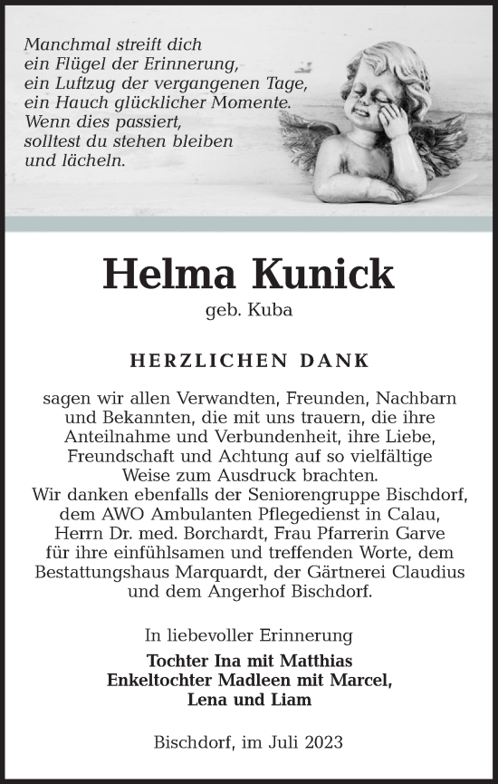 Traueranzeige von Helma Kunick von Lausitzer Rundschau