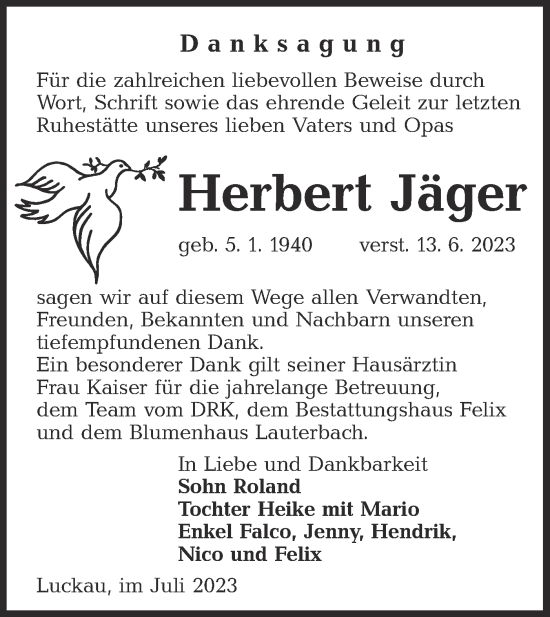 Traueranzeige von Herbert Jäger von Lausitzer Rundschau