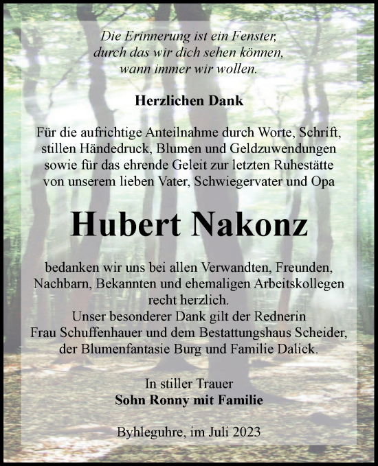 Traueranzeige von Hubert Nakonz von Lausitzer Rundschau