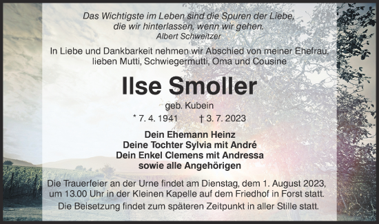 Traueranzeige von Ilse Smoller von Lausitzer Rundschau