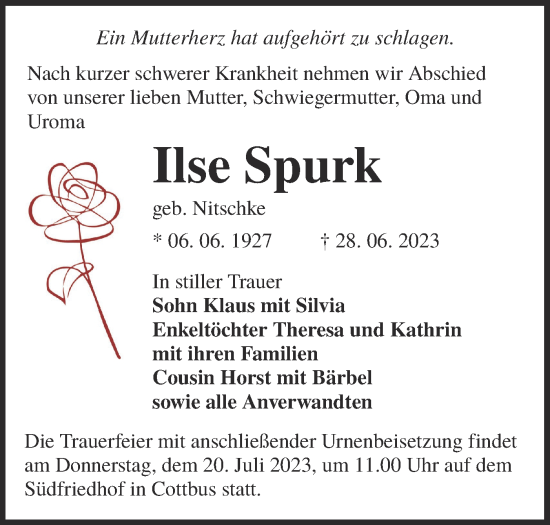 Traueranzeige von Ilse Spurk von Lausitzer Rundschau