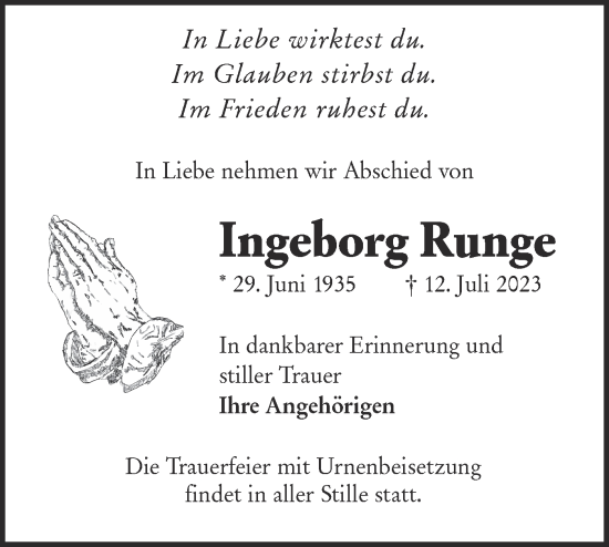 Traueranzeige von Ingeborg Runge von Lausitzer Rundschau