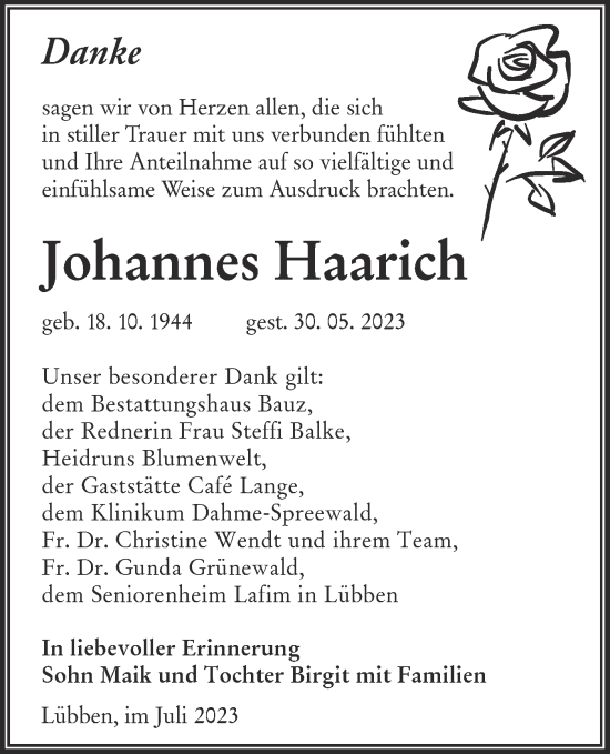 Traueranzeige von Johannes Haarich von Lausitzer Rundschau