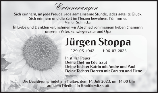 Traueranzeige von Jürgen Stoppa von Lausitzer Rundschau