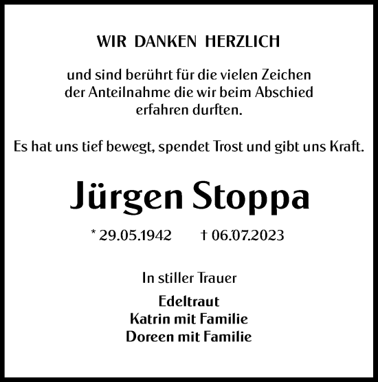 Traueranzeige von Jürgen Stoppa von Lausitzer Rundschau