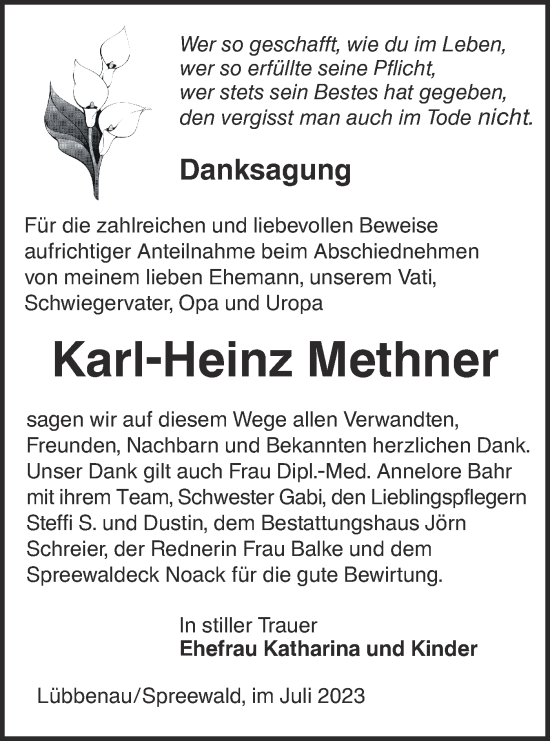 Traueranzeige von Karl-Heinz Methner von Lausitzer Rundschau