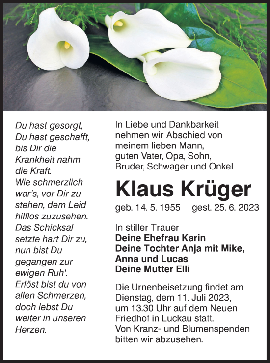 Traueranzeige von Klaus Krüger von Lausitzer Rundschau