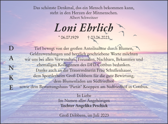 Traueranzeige von Loni Ehrlich von Lausitzer Rundschau