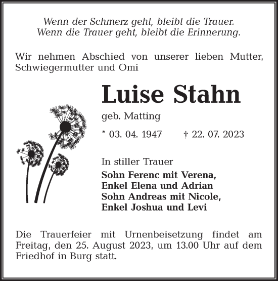 Traueranzeige von Luise Stahn von Lausitzer Rundschau