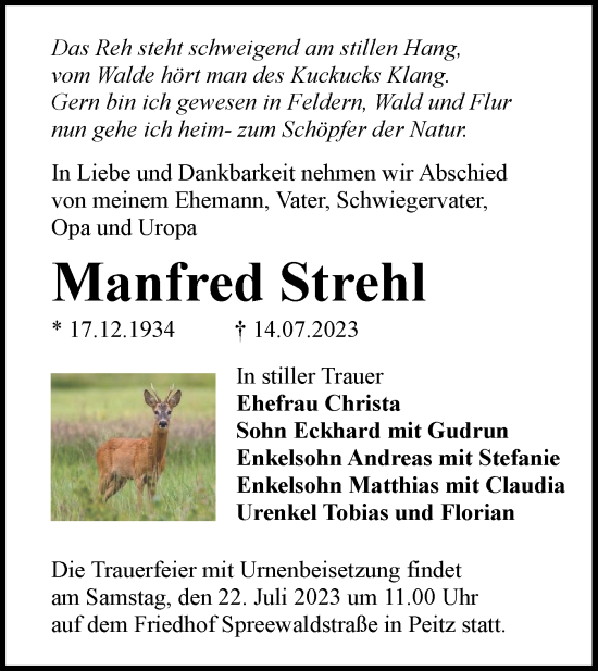 Traueranzeige von Manfred Strehl von Lausitzer Rundschau