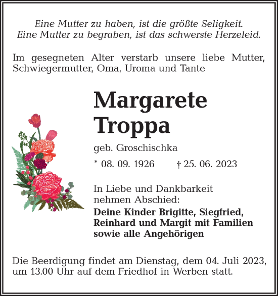 Traueranzeige von Margarete Troppa von Lausitzer Rundschau