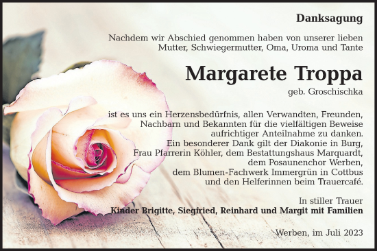 Traueranzeige von Margarete Troppa von Lausitzer Rundschau