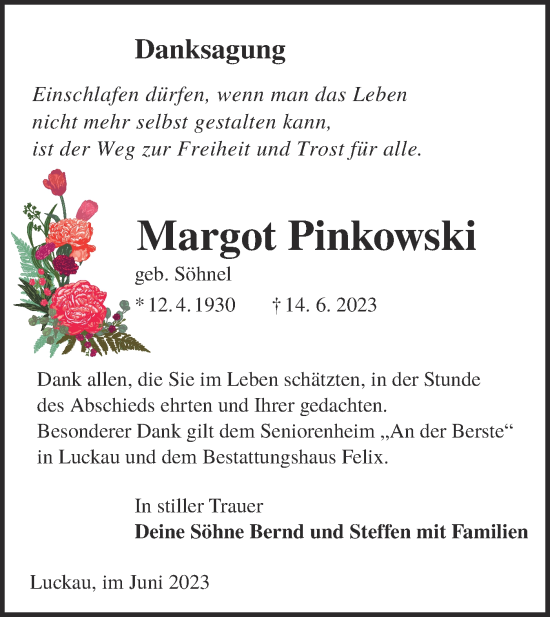 Traueranzeige von Margot Pinkowski von Lausitzer Rundschau