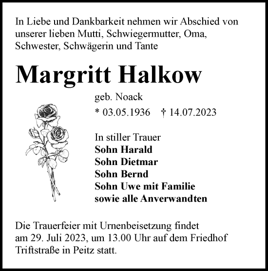 Traueranzeige von Margritt Halkow von Lausitzer Rundschau