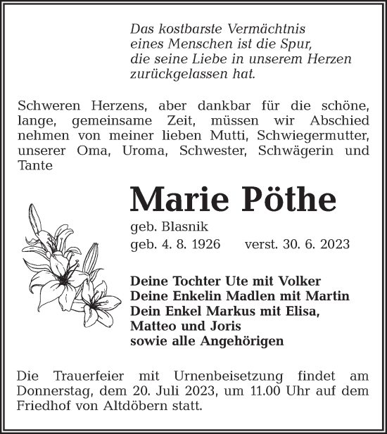 Traueranzeige von Marie Pöthe von Lausitzer Rundschau