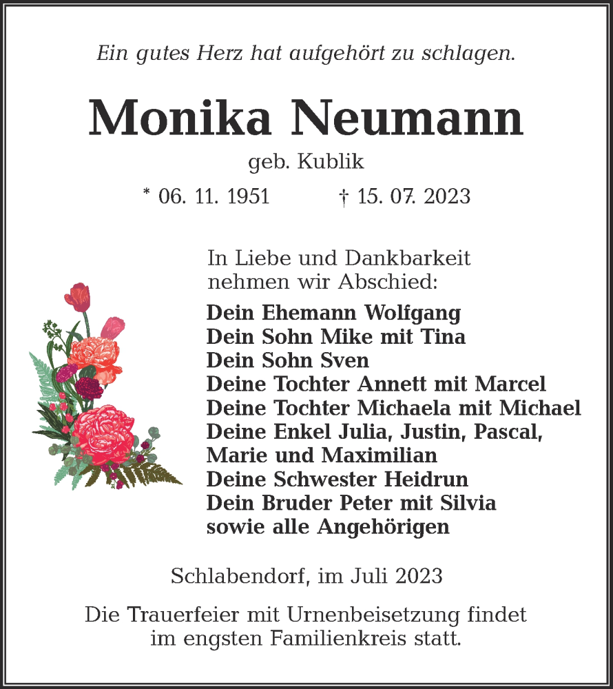  Traueranzeige für Monika Neumann vom 22.07.2023 aus Lausitzer Rundschau