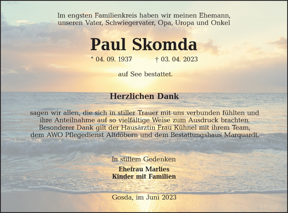  Traueranzeige für Paul Skomda vom 01.07.2023 aus Lausitzer Rundschau