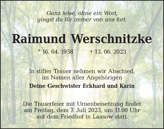 Traueranzeige von Raimund Werschnitzke von Lausitzer Rundschau