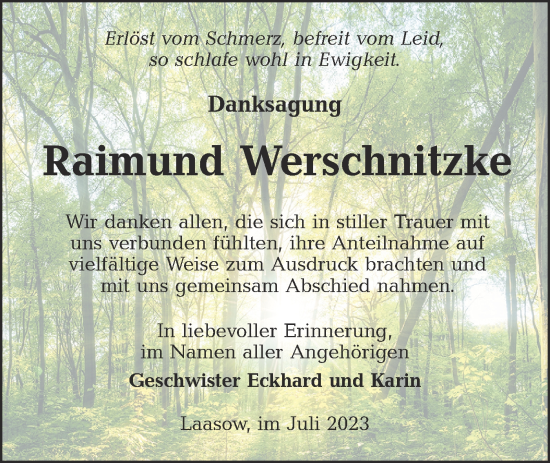 Traueranzeige von Raimund Werschnitzke von Lausitzer Rundschau