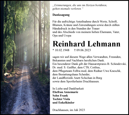 Traueranzeige von Reinhard Lehmann von Lausitzer Rundschau