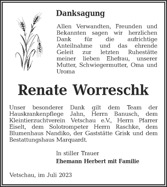 Traueranzeige von Renate Worreschk von Lausitzer Rundschau