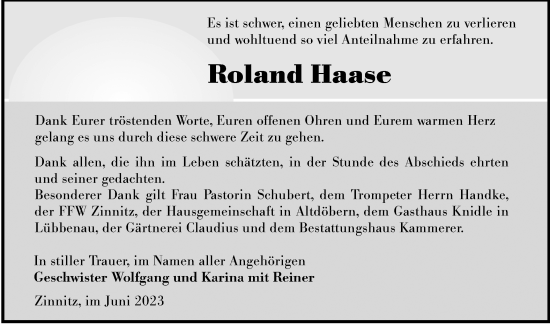 Traueranzeige von Roland Haase von Lausitzer Rundschau