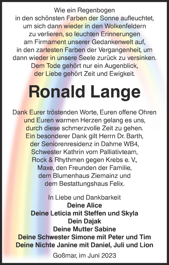 Traueranzeige von Ronald Lange von Lausitzer Rundschau