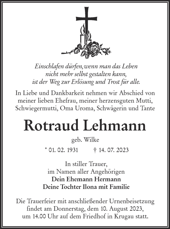 Traueranzeige von Rotraud Lehmann von Lausitzer Rundschau