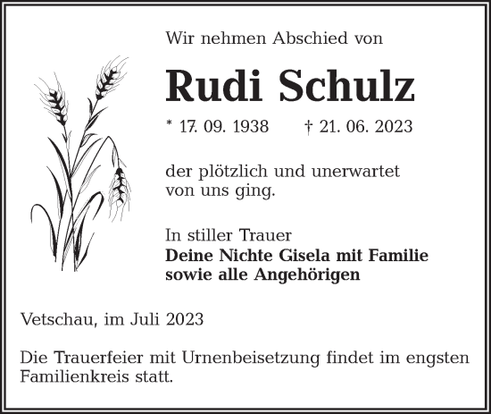 Traueranzeige von Rudi Schulz von Lausitzer Rundschau