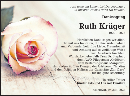 Traueranzeige von Ruth Krüger von Lausitzer Rundschau