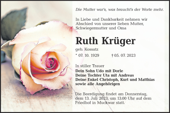 Traueranzeige von Ruth Krüger von Lausitzer Rundschau