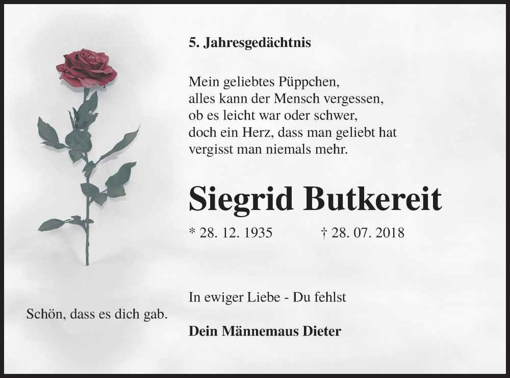  Traueranzeige für Siegrid Butkereit vom 28.07.2023 aus Lausitzer Rundschau