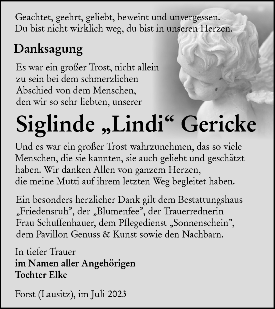 Traueranzeige von Siglinde Gericke von Lausitzer Rundschau