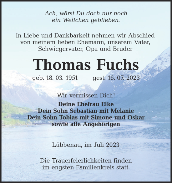 Traueranzeige von Thomas Fuchs von Lausitzer Rundschau