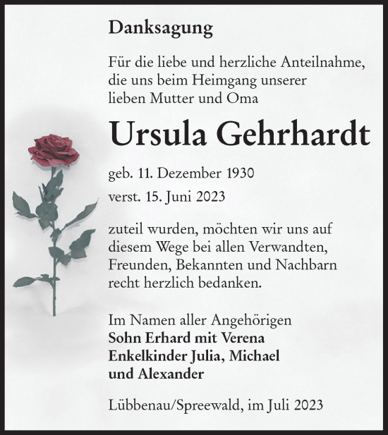 Traueranzeige von Ursula Gehrhardt von Lausitzer Rundschau