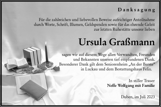 Traueranzeige von Ursula Graßmann von Lausitzer Rundschau