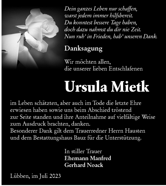 Traueranzeige von Ursula Mietk von Lausitzer Rundschau