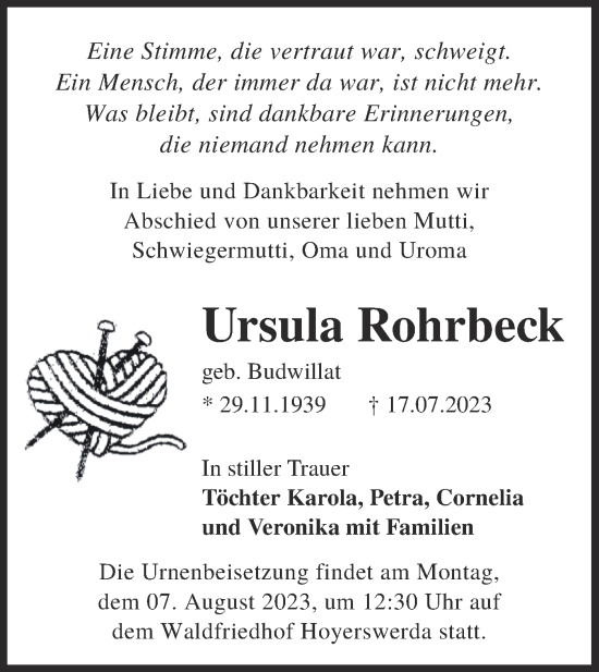 Traueranzeige von Ursula Rohrbeck von Lausitzer Rundschau