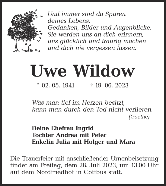 Traueranzeige von Uwe Wildow von Lausitzer Rundschau