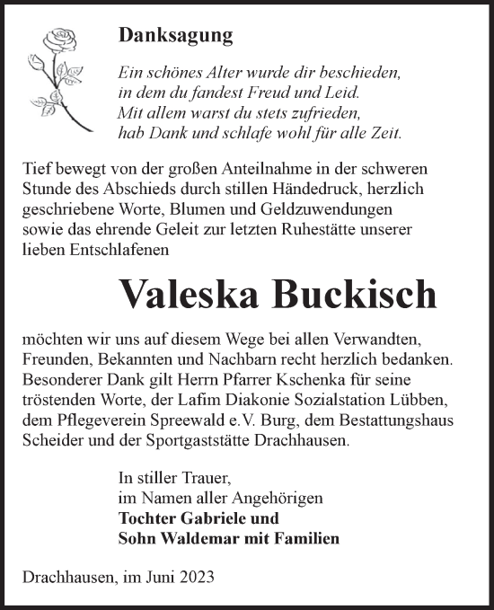 Traueranzeige von Valeska Buckisch von Lausitzer Rundschau