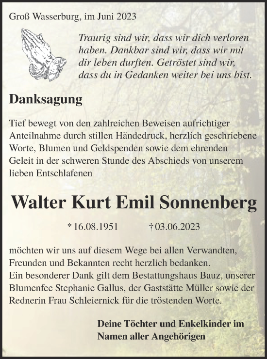 Traueranzeige von Walter Sonnenberg von Lausitzer Rundschau