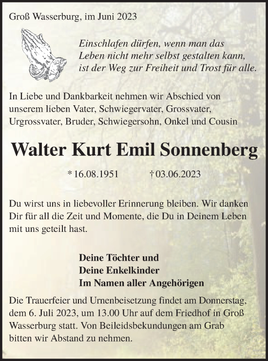 Traueranzeige von Walter Kurt Emil Sonnenberg von Lausitzer Rundschau